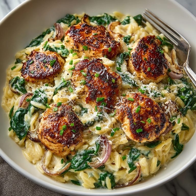 Creamy Skillet Chicken &amp; Spinach Orzo shines: served in rustic pan, ready to eat.