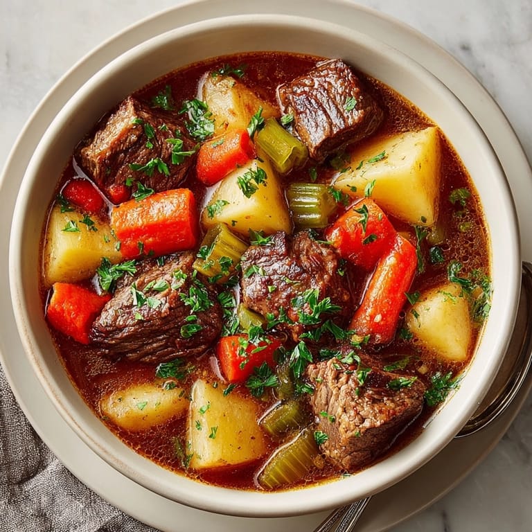 Chunks of tender beef and colorful vegetables simmered in rich Hearty Stew broth.