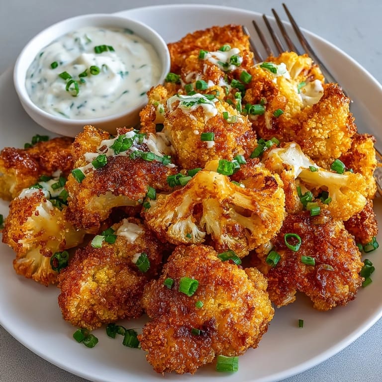 Golden, spicy Buffalo Cauliflower Bites recipe, a vegetarian twist on a classic appetizer.