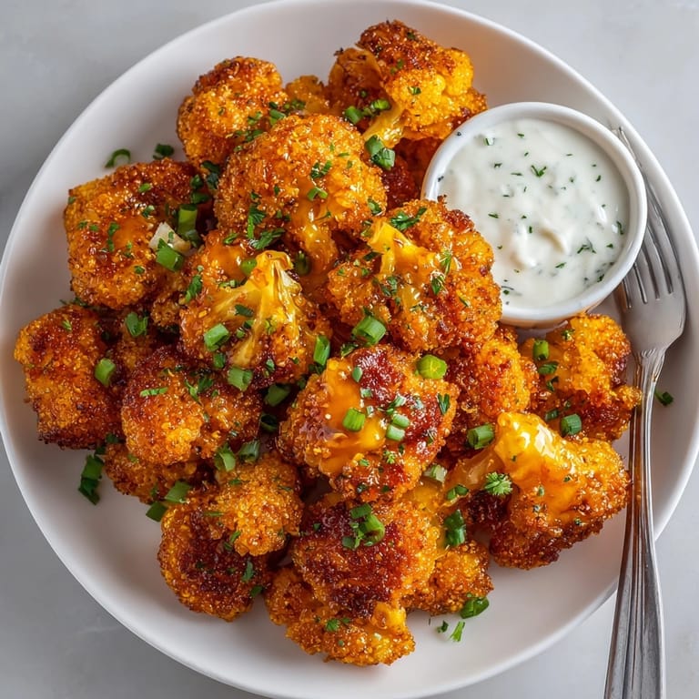 Homemade Buffalo Cauliflower Bites, baked until tender, served with cool ranch dressing.