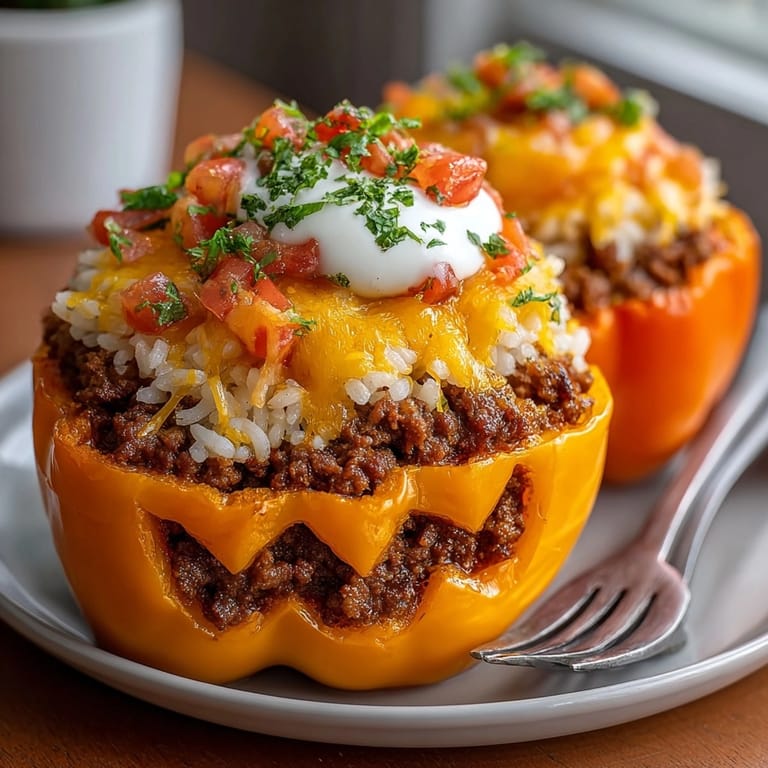 Savory Halloween Stuffed Pepper Jack-O'-Lanterns baking in a dish, perfect for a festive October dinner.