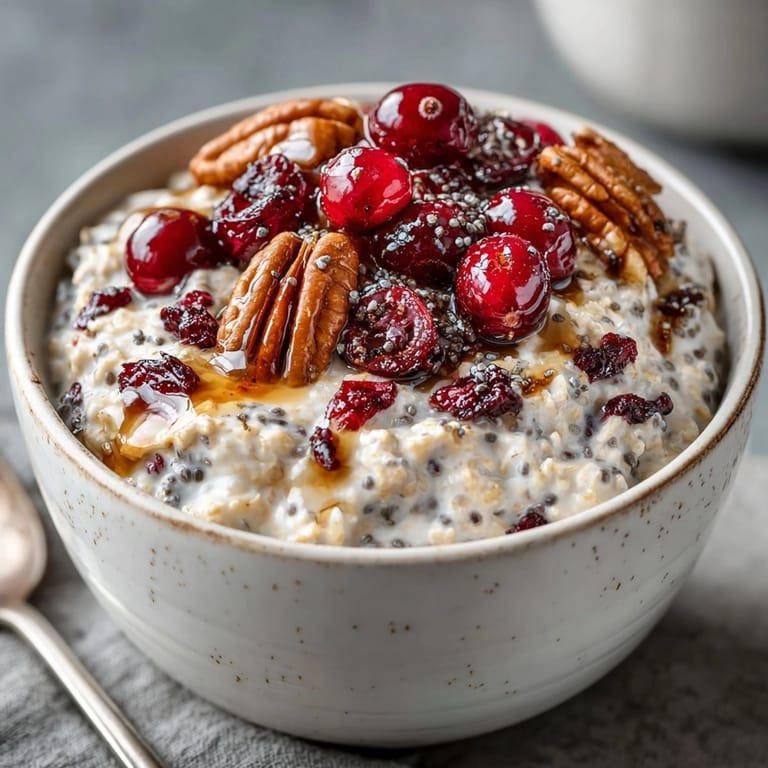 Delicious Cranberry Pecan Overnight Oats in a glass, garnished with fresh berries.