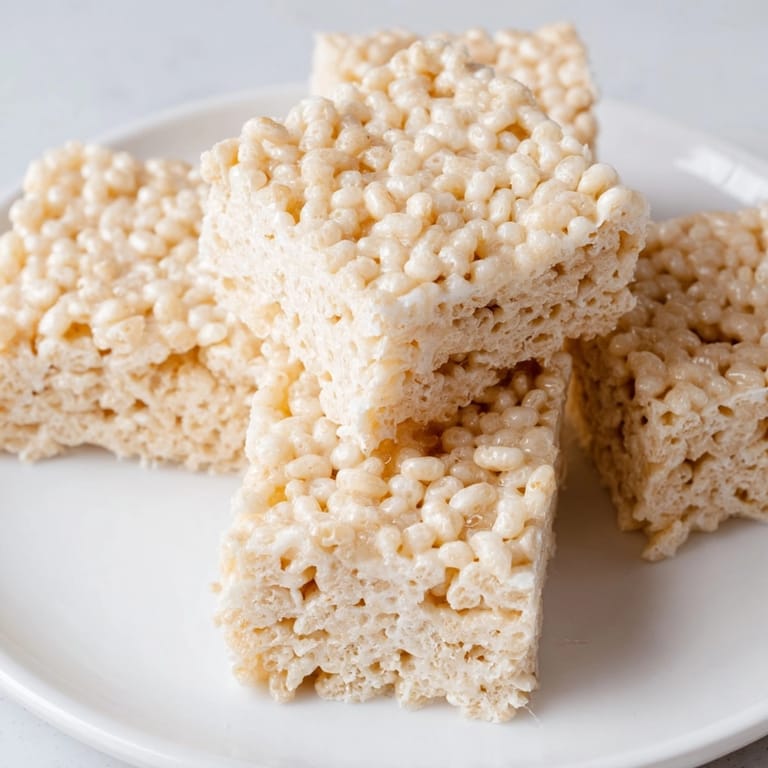 Freshly made Rice Krispie Treats, a sweet, nostalgic dessert, ready to be sliced.