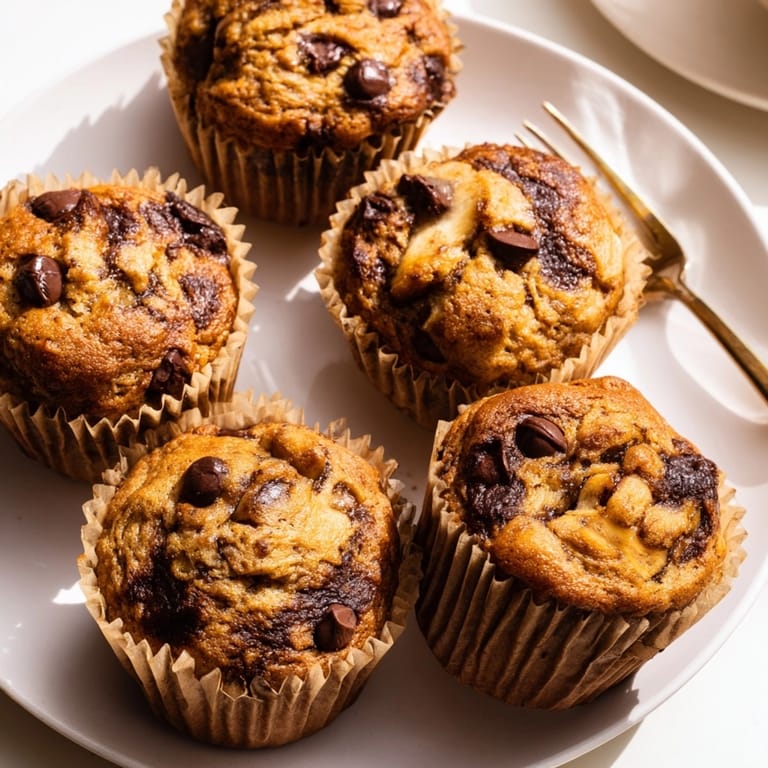 Close-up of a Peanut Butter Banana Muffin revealing moist crumb and melted chocolate chips.