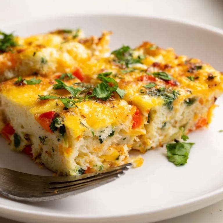 Warm, savory Cheesy Breakfast Biscuit Frittata ready to serve, a comforting morning meal.