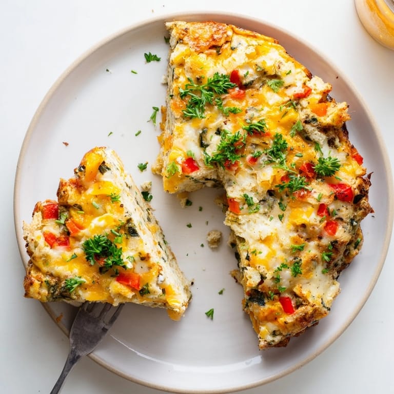 Close-up of baked Cheesy Breakfast Biscuit Frittata, revealing layers of biscuit, egg, and cheese.