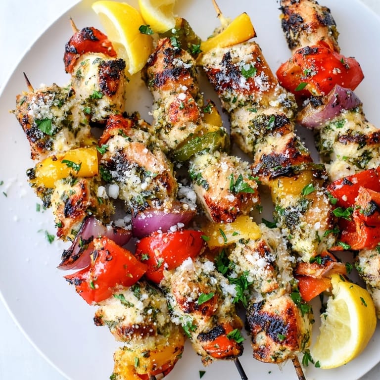 Close-up of flavorful Garlic Parmesan Chicken Kabobs glistening, sprinkled with fresh herbs.
