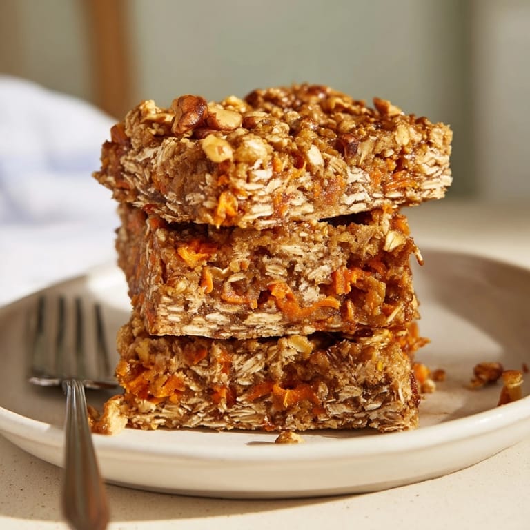 Homemade Peanut Butter Carrot Cake Oat Bars, a healthy grab-and-go breakfast treat.