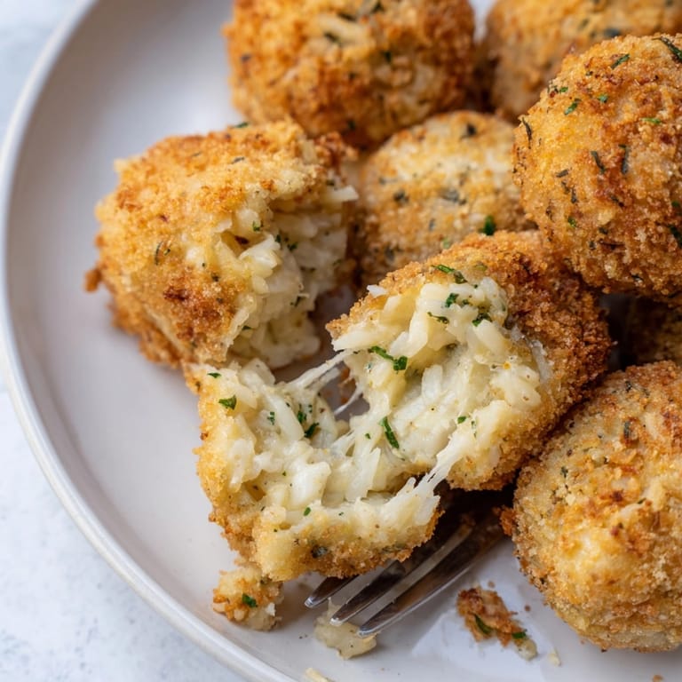 Savory cheesy garlic potato rice balls, a vegetarian appetizer best served warm.