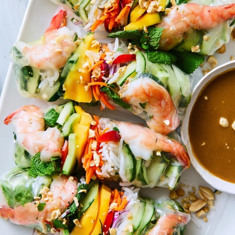 Close-up of Shrimp and Mango Spring Rolls with bright herbs and creamy dipping sauce.