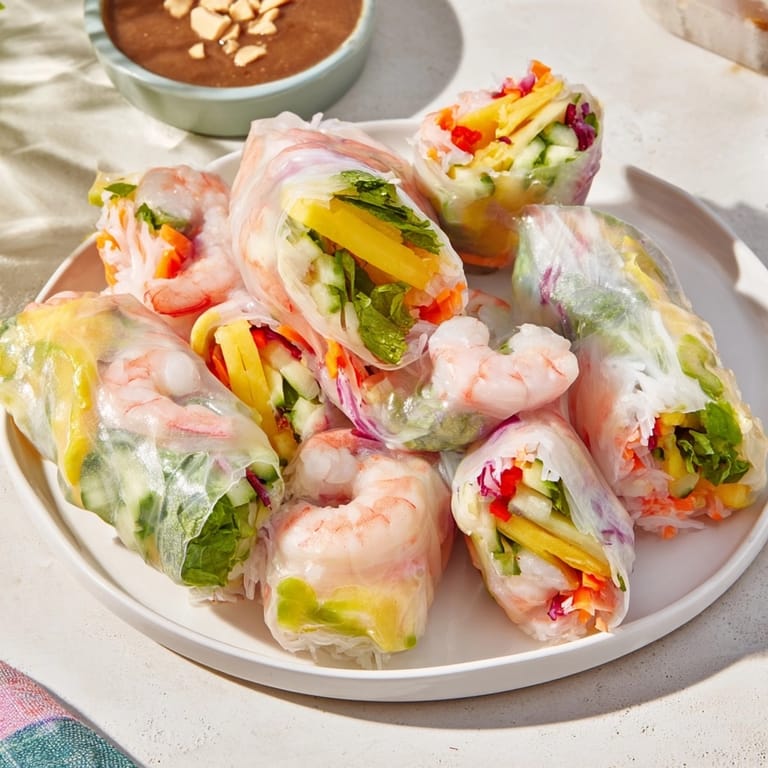 Homemade Shrimp and Mango Spring Rolls; ready to serve, refreshing appetizer with peanut sauce.