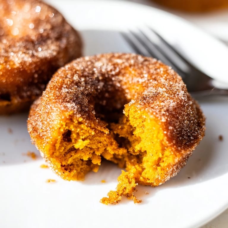 Baked vegan pumpkin muffin donuts, warm and inviting, coated in sweet cinnamon sugar.