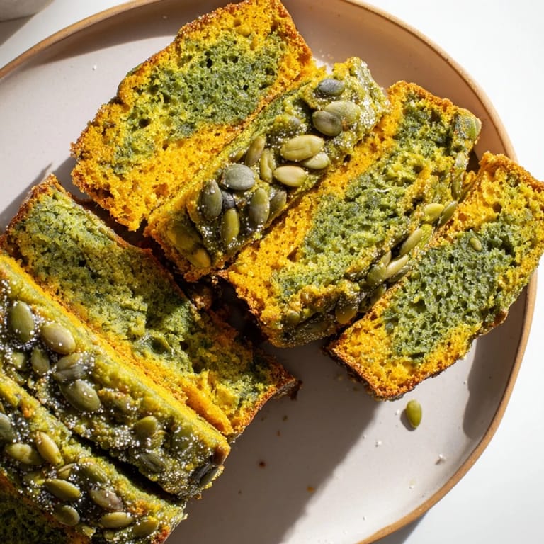 Aromatic matcha pumpkin spice muffin loaf cooling on a wire rack, ready to slice.