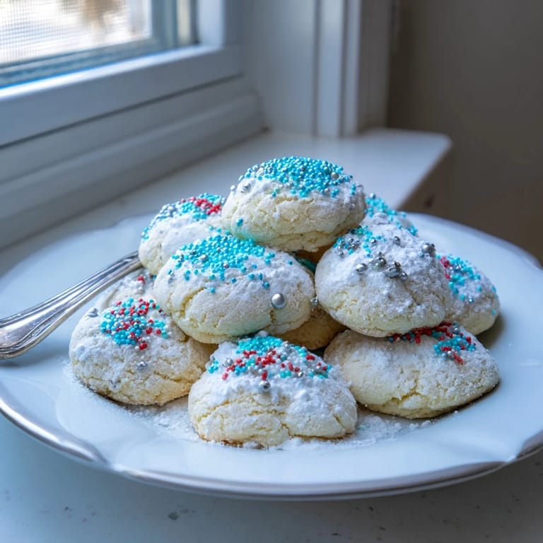 Delightful Festive Hanukkah Puffed Christmas Cookies dusted with powdered sugar and festive hues.  