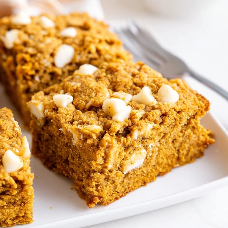 Slice of pumpkin muffin white chocolate chip bars topped with a sprinkle of cinnamon.