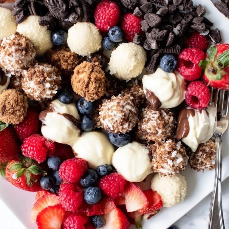 Indulge in a deconstructed dessert board with cheesecake bites and luscious caramel drizzle.