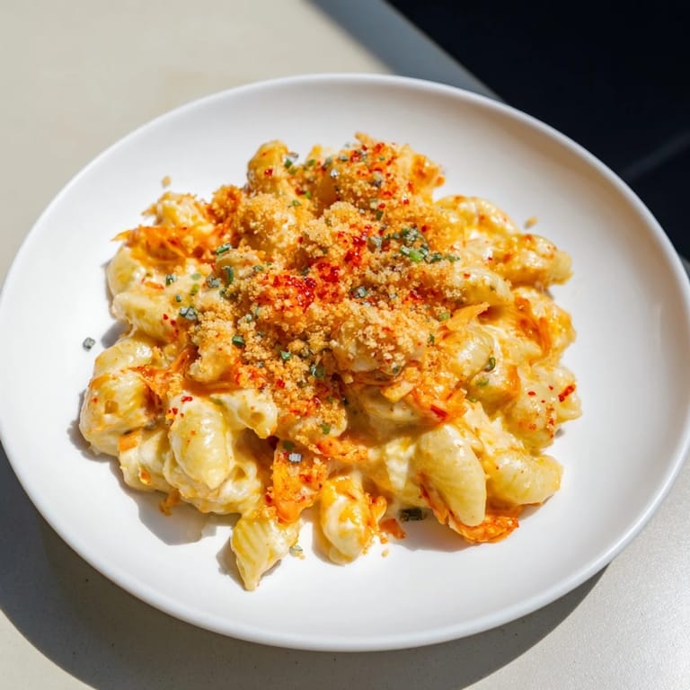 Comforting Spicy Kimchi Mac & Cheese, featuring melty cheeses and tangy kimchi for an unforgettable taste.