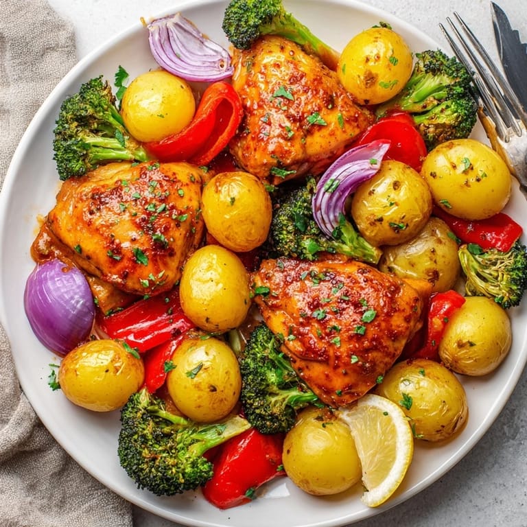 Comforting Lazy Gourmet Chicken & Vegetable One-Pot featuring tender potatoes and seasoned chicken thighs.