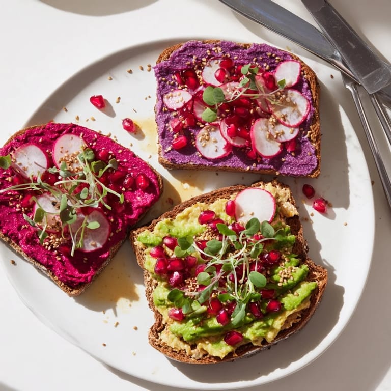 Deliciously layered Bright & Bold Breakfast Toasts adorned with pomegranate seeds and herbs.