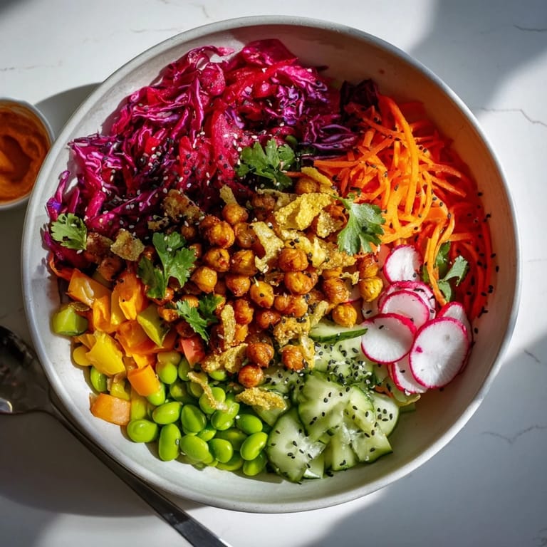 Vibrant vegetables and crunchy toppings in an ASMR Crunch Snack Bowl delightfully presented.  