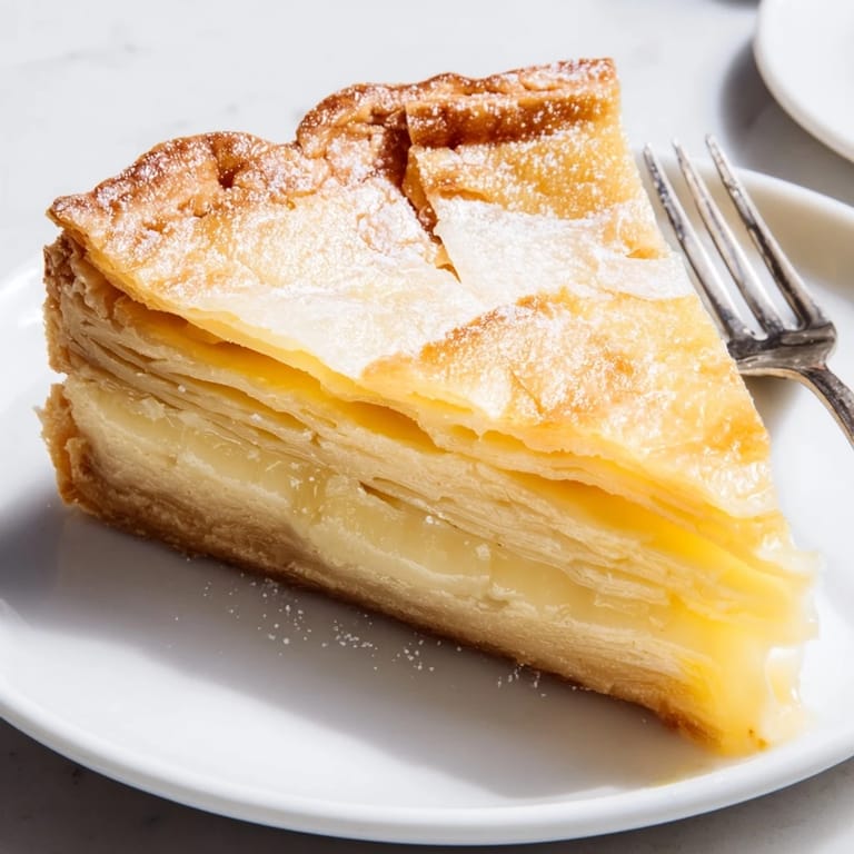 Nostalgic water pie slice topped with whipped cream and fresh berries for a comforting dessert.  