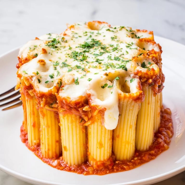 Delicious Honeycomb Pasta Cake with golden cheese and upright rigatoni, perfect for sharing.  