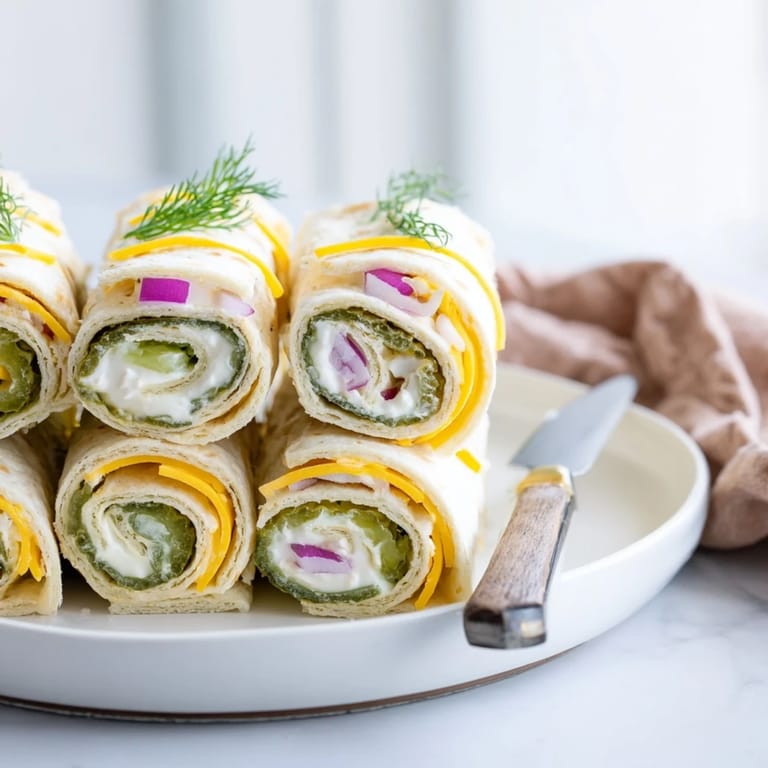 Tangy pickle-in-a-blanket rolled in tortillas, creamy cheese enhances every delicious bite.