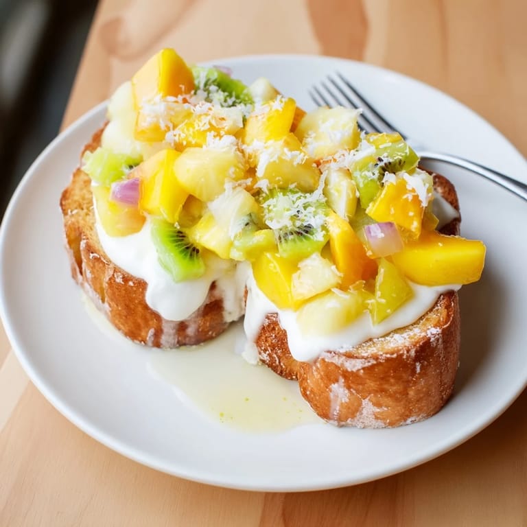 Delicious Yogurt-Custard Toast featuring mango and pineapple for a delightful brunch treat.