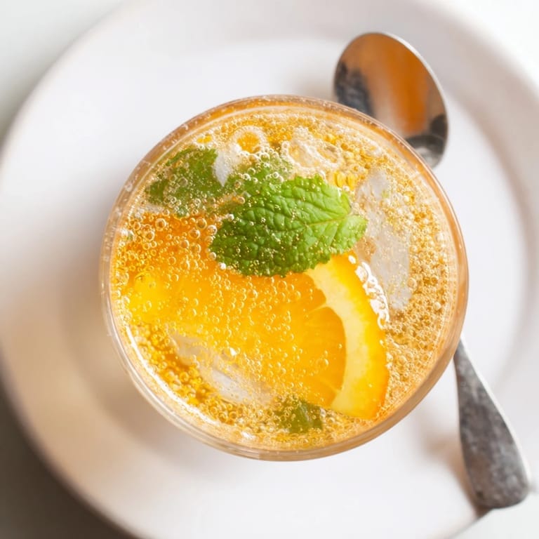 Crisp, lightly sparkling Probiotic Soda Mocktail served over ice with fresh mint. 