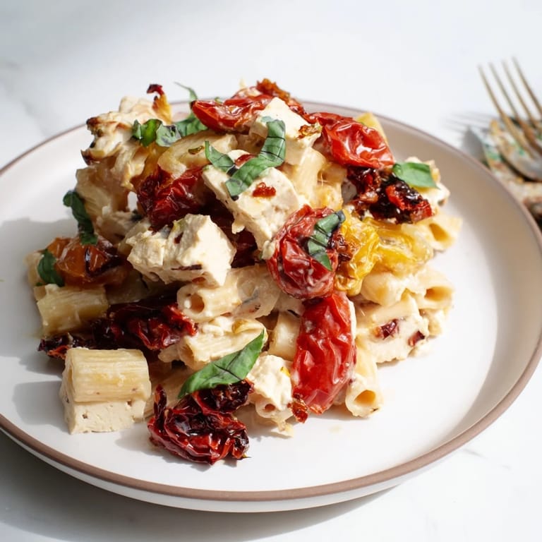 Satisfying Baked Feta Pasta topped with golden feta and colorful roasted veggies.