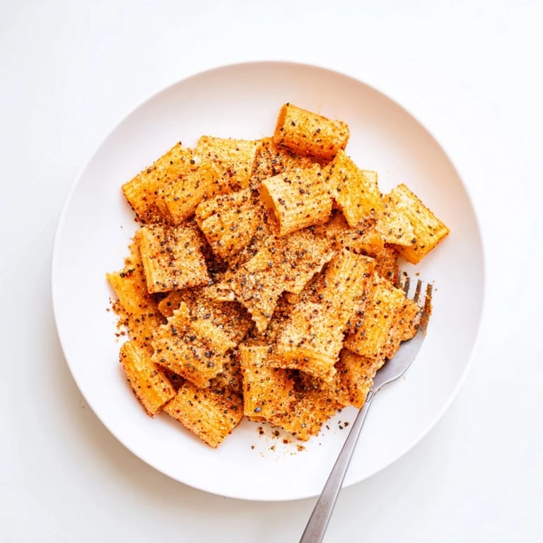 Seasoned pasta chips fresh from the oven, a crunchy vegetarian snack delight.