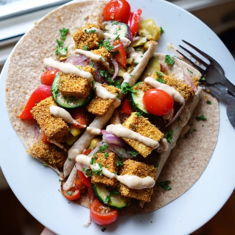 Colorful plant-based Vegan Viral Recipe with golden tofu, cherry tomatoes, and zesty sauce.  