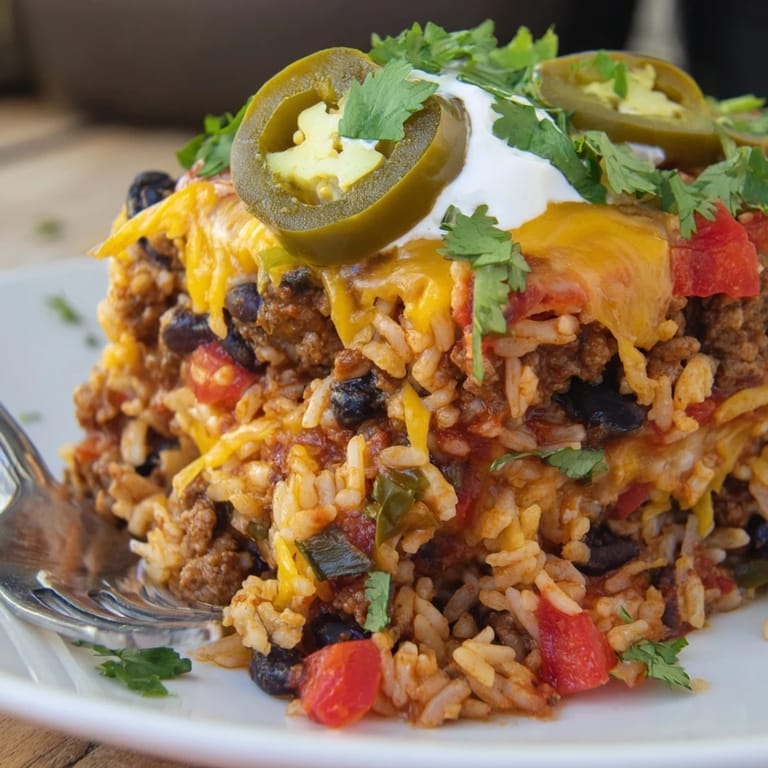Colorful Tex-Mex Beef & Rice Casserole brimming with beans, spices, and cheddar goodness.  