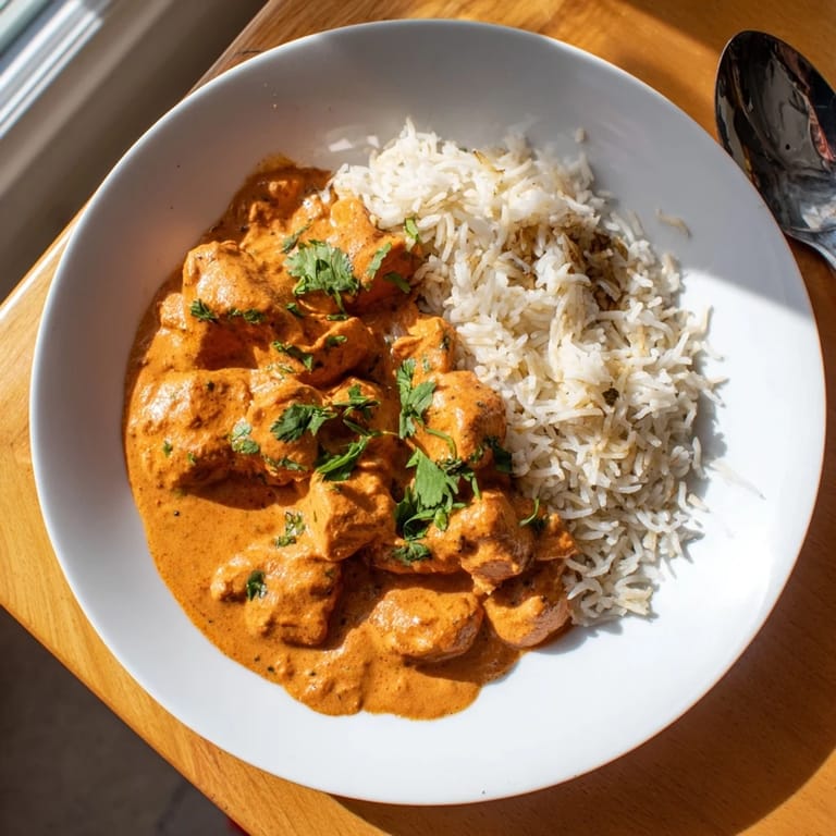 Delicious butter chicken with spices and creamy sauce, perfect alongside rice pilaf.