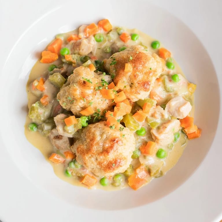 A satisfying view: golden-baked Chicken and Dumplings Casserole with tender chicken and vegetables.