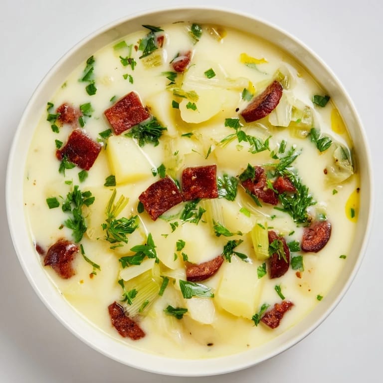 A close-up view of a warming bowl of Potato, Leek & Chorizo Soup with a sprinkle of parsley.
