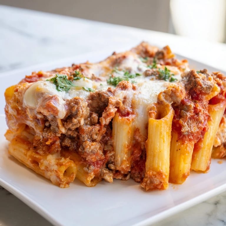 Golden-brown, cheesy Baked Ziti with Meat Sauce served in a baking dish, ready to be enjoyed!