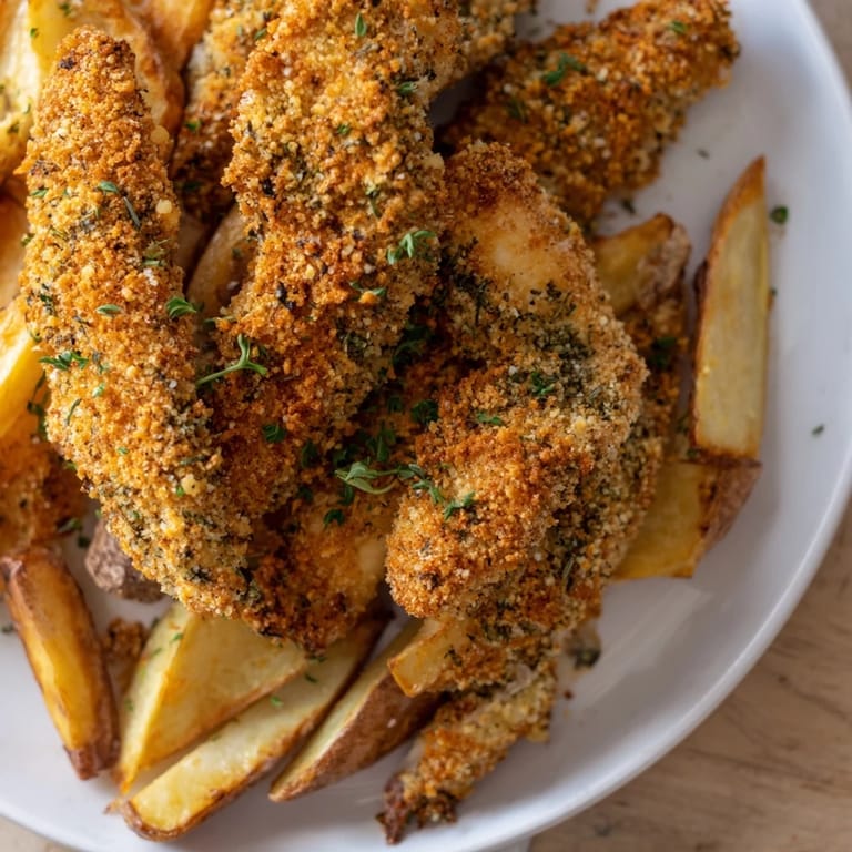 Imagine the aroma: crispy herbed chicken tenders and flavorful potato wedges on a baking sheet.