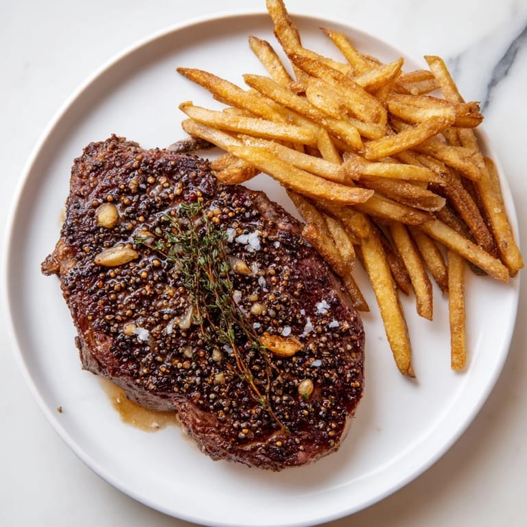 A close-up shot of juicy peppercorn ribeye, glistening with butter, next to a pile of crispy fries.