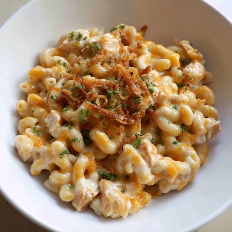 A close-up shot of creamy, savory One-Pot Honey BBQ Chicken Mac and Cheese is incredibly tempting.
