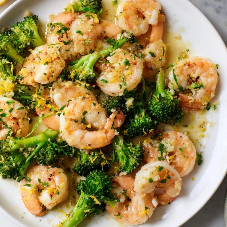 Freshly cooked Lemon Butter Shrimp & Broccoli: a flavorful blend of shrimp and broccoli florets.