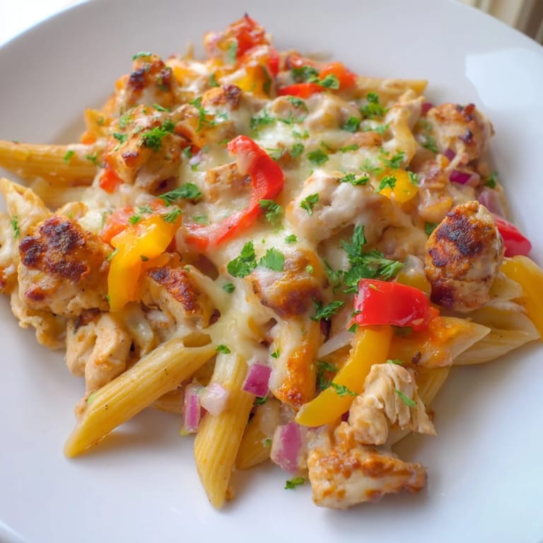 Creamy, cheesy Cajun Chicken Pasta Bake with colorful peppers and tender chicken pieces, ready to serve.
