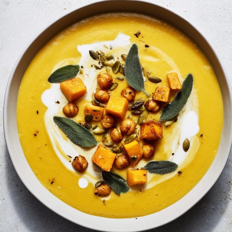 Enjoy a spoonful of velvety Chickpea, Pumpkin & Sage Soup, imagining its earthy flavors and warming spices.