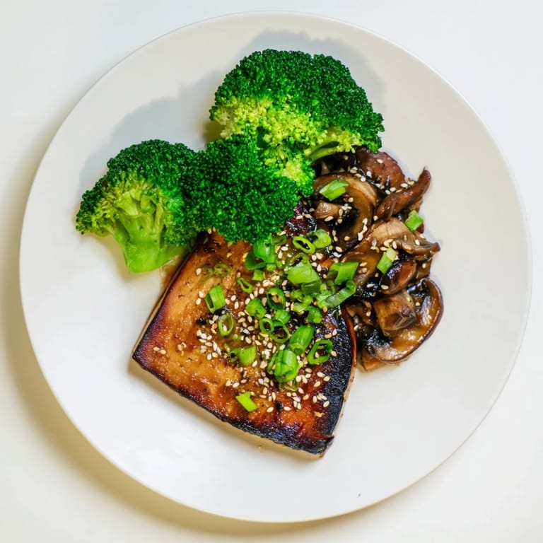 A close-up shot of the delicious Sautéed Tofu Steak, glistening with a rich soy-garlic glaze over perfectly cooked veggies.