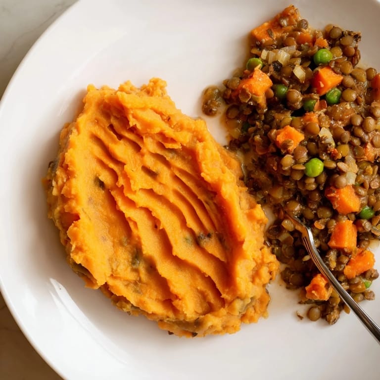 Imagine this: a hearty Veggie Shepherds Pie with flavorful lentils and a sweet, fluffy potato topping.