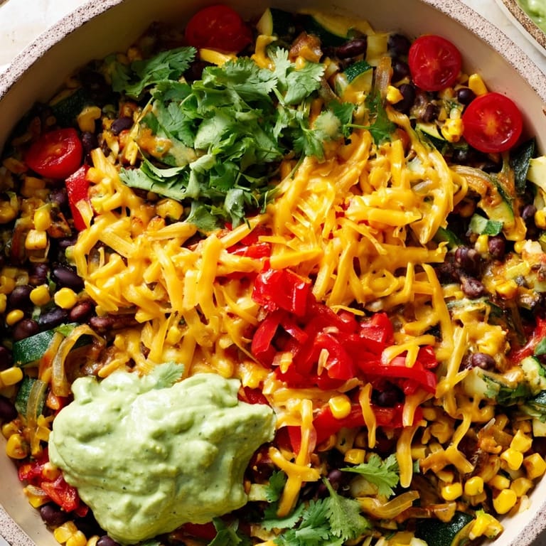 Imagine a Tex-Mex veggie-packed taco skillet with creamy avocado yogurt, a delicious vegetarian meal.
