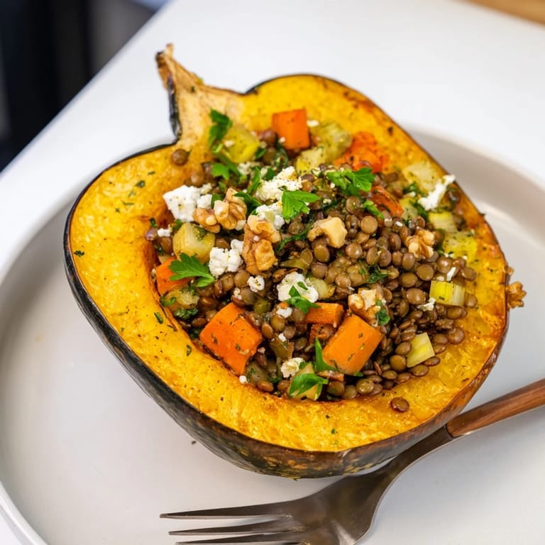 Savory Lentil & Walnut Stuffed Acorn Squash, bursting with colorful vegetables and herbs, steaming hot.