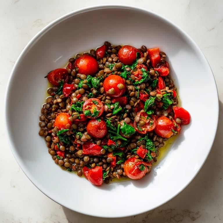A close-up of a rustic Lentil-Tomato Skillet, showcasing juicy tomatoes with fresh herbs.