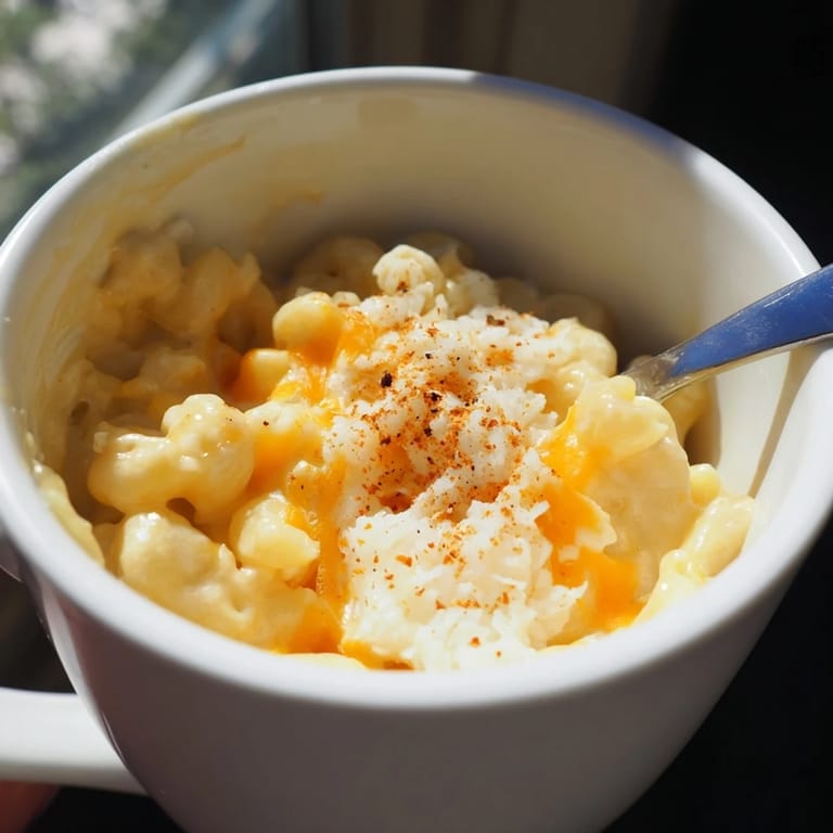 A close-up of a bubbling mug mac & cheese, perfect for a cozy, single-serving comfort food craving.