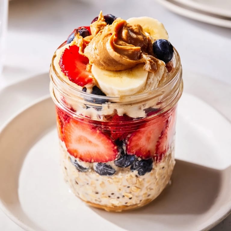 Close-up of overnight oats jars, showing layers of fruit, peanut butter, and the delicious oat mixture.